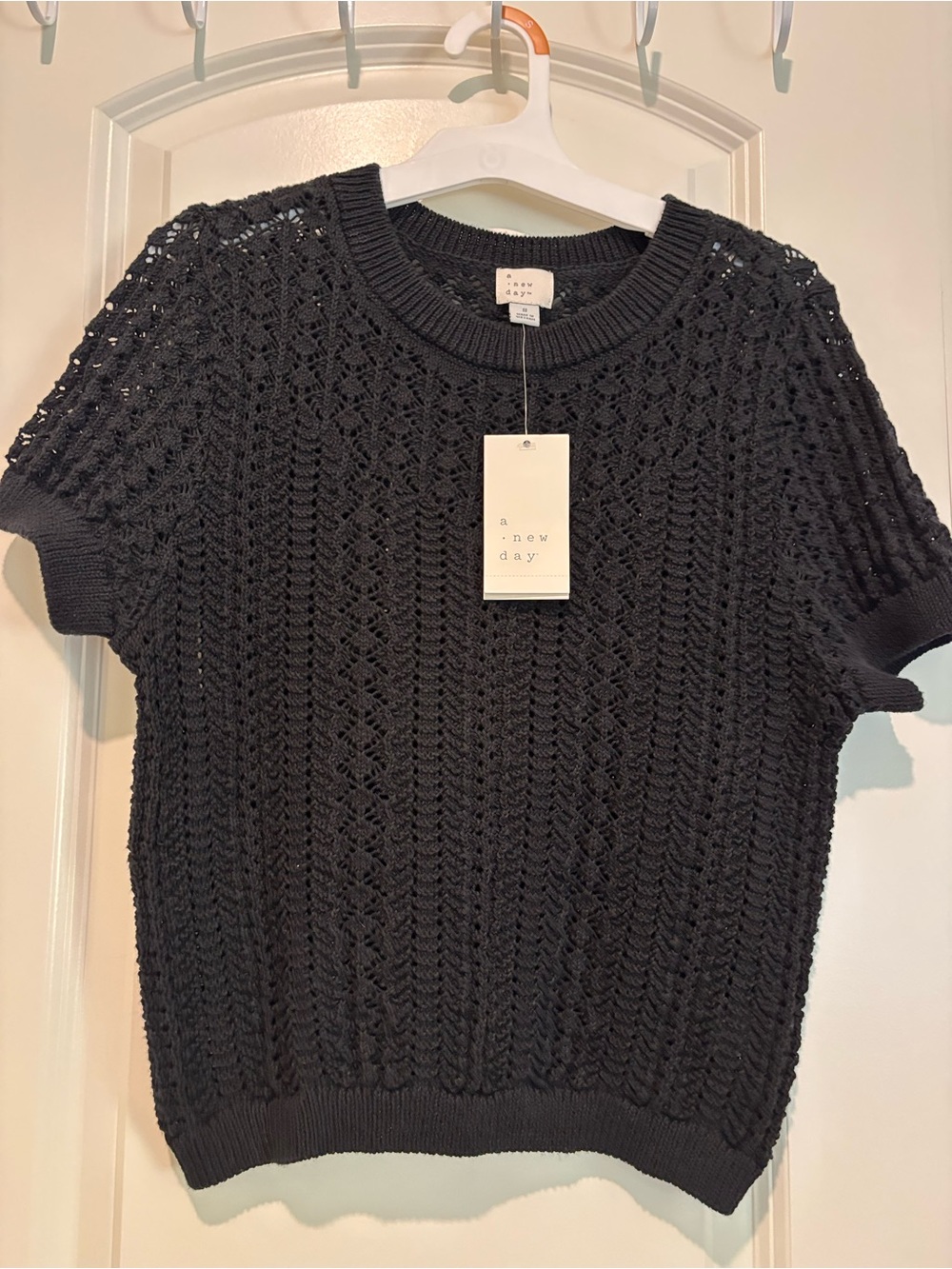 a new day Black Openwork Short-Sleeve Crewneck Sweater